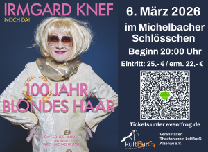 Irmgard Knef mit in die Hüfte gestemmten Händen und Informationen zur Veranstaltung