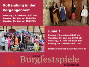 Anzeige für die beiden Stücke "Notlandung in der Vergangenheit" und "Linie 1" bei den Alzenauer Burgfestspielen 2026