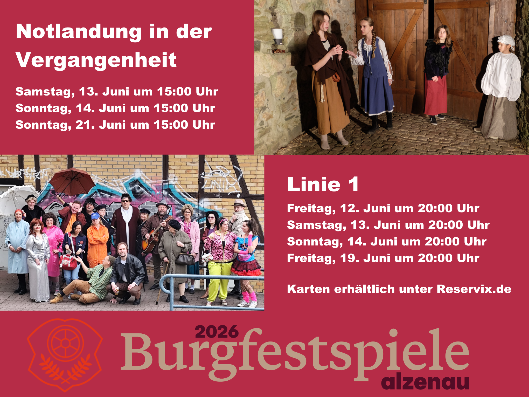 Anzeige für die beiden Stücke "Notlandung in der Vergangenheit" und "Linie 1" bei den Alzenauer Burgfestspielen 2026